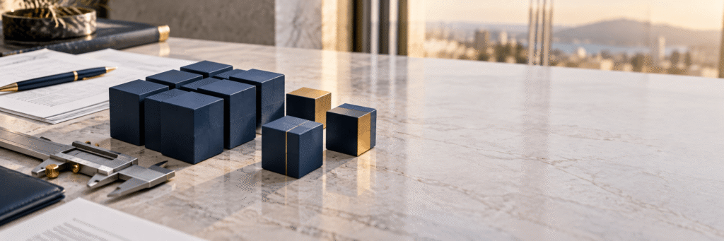 Blocos azul-marinho com detalhes dourados sendo separados e avaliados sobre uma mesa, representando a apuração de haveres de uma sociedade.