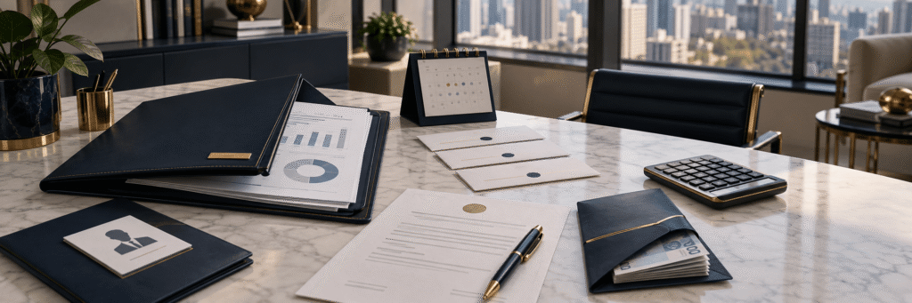 Pasta corporativa com documentos financeiros, calendário, calculadora, recibo e envelope com dinheiro sobre mesa de mármore, representando o pagamento dos haveres de um sócio.