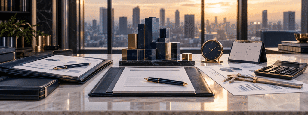 Mesa executiva com documentos jurídicos e financeiros, relógio, calendário, calculadora, instrumento de precisão e estrutura empresarial em azul-marinho e dourado, representando a análise conjunta necessária na apuração de haveres.
